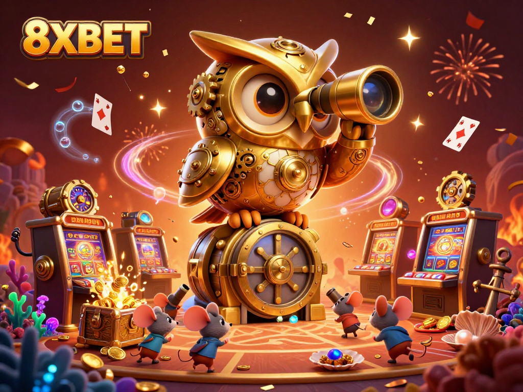 Engage in thrilling gameplay at 8XBET with gold coins, vibrant characters, and vibrant casino elements.