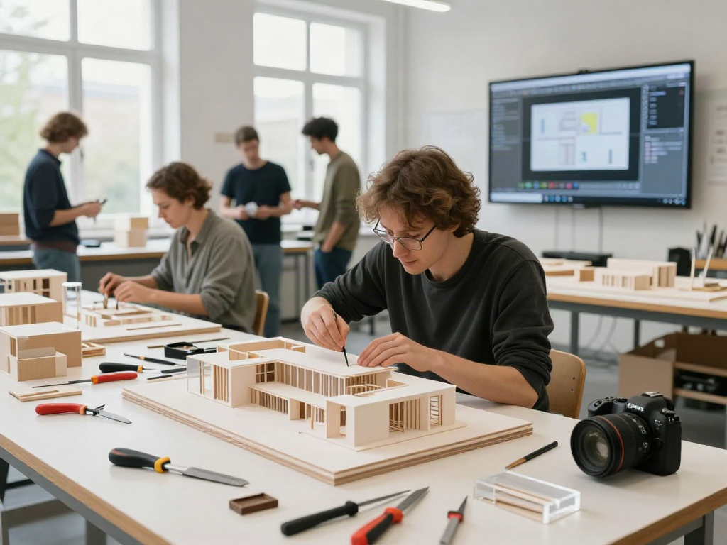 Architektur Modellbau Berlin: Detaillierte Modelle werden von einem Fachmann in einer hellen Werkstatt zusammengebaut.