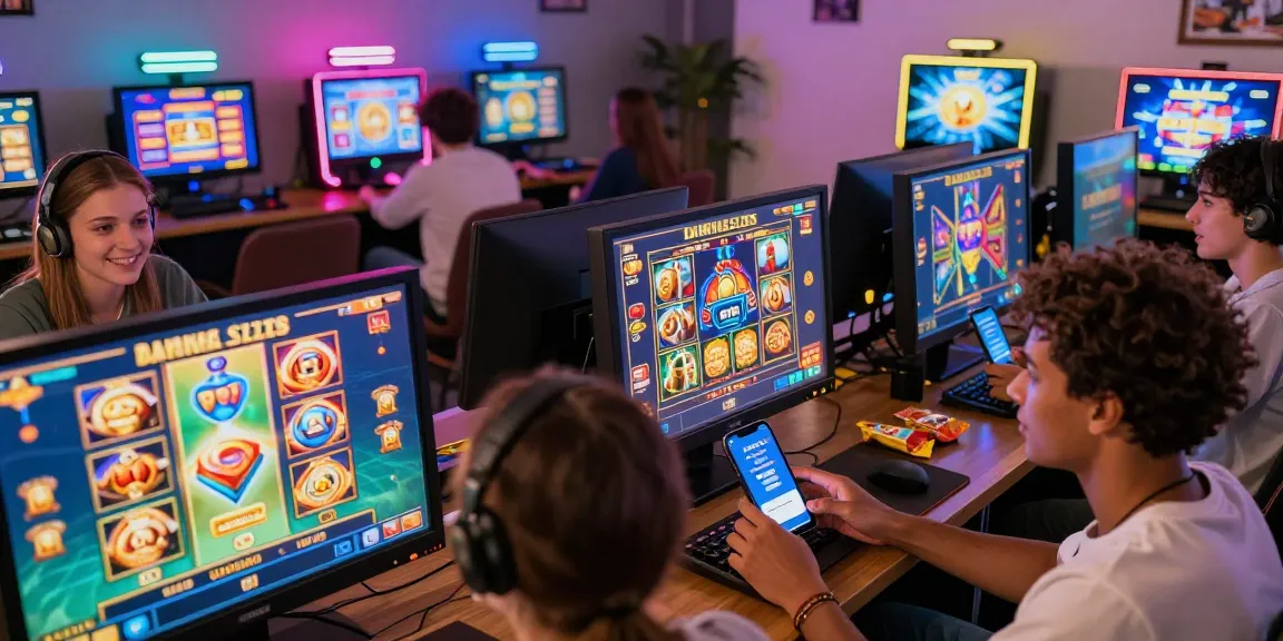 Engaged players enjoying online slot games and making slot deposit dana with DANA app in a vibrant gaming environment.