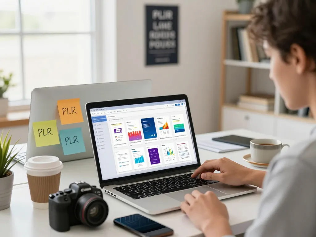 Buy PLR Digital Products in a vibrant e-commerce workspace with an entrepreneur reviewing various digital assets.