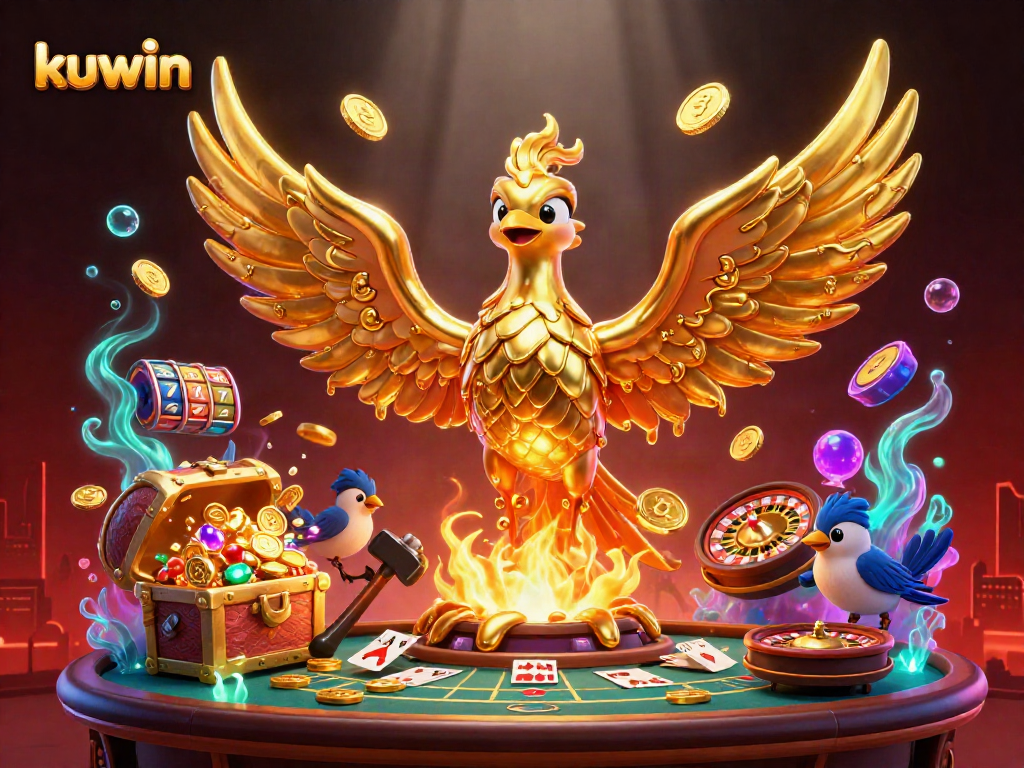 Kuwin captivates players with a vibrant scene of a golden phoenix and casino elements in a dynamic 3D illustration.