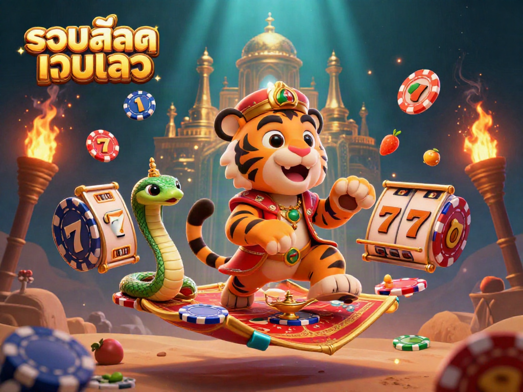 Engage with รวมสล็อตเว็บตรง through a vibrant 3D scene depicting a tiger sultan on a carpet made of poker chips amidst dynamic slot rewards.