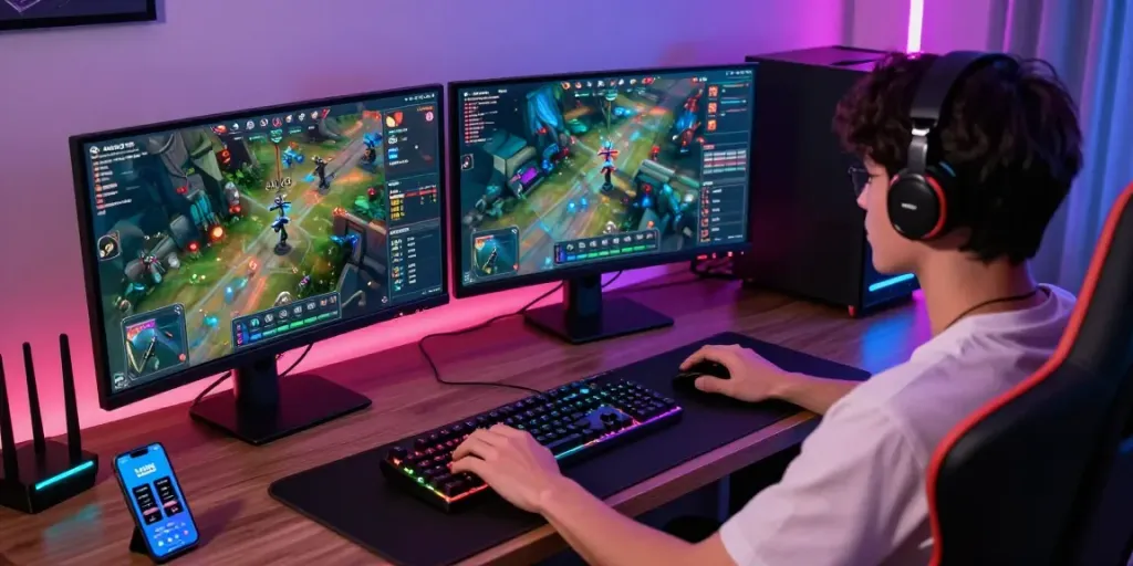 Luxury333 gaming setup with multiple screens displaying gameplay and statistics in an interactive environment.