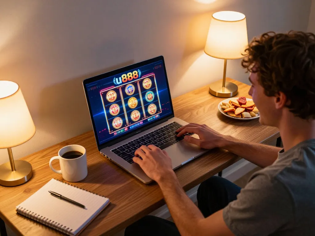 Enjoying a thrilling game at u888 online casino on a laptop in a cozy home setup.