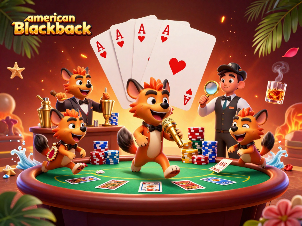 Experience the excitement of american-blackjack with lively hyena characters and vibrant casino elements.