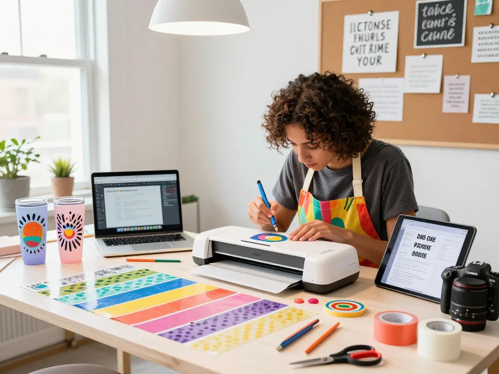 Artist crafting unique tumbler designs with Svg files in a colorful studio setting