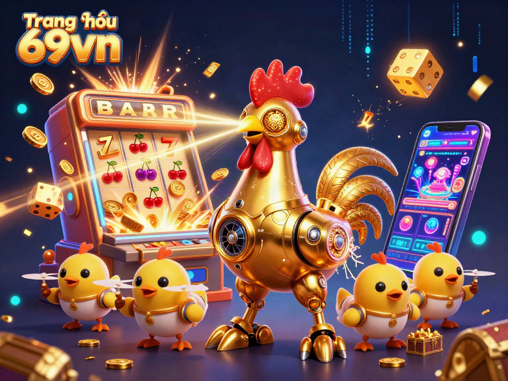 Engage in exciting games at Trang chủ 69vn with a golden rooster robot leading various casino elements.