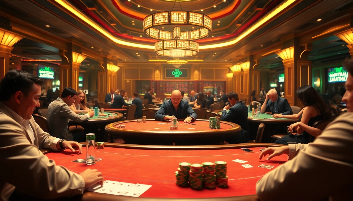 Memperlihatkan aksi seru agen89 di meja poker kasino dengan pemain yang antusias.