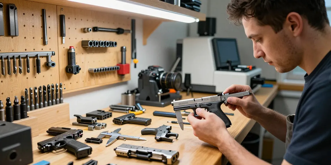Custom Glock slides inspection at https://precisionglockslides.com in a professional gunsmith workshop.