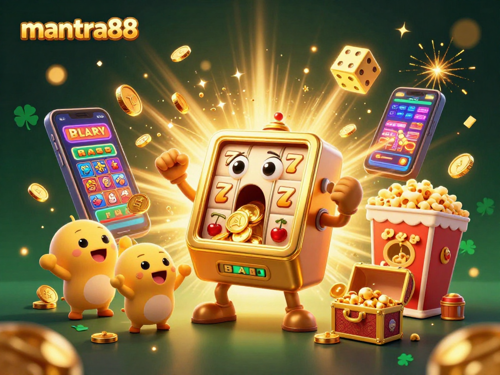 Experience winning moments with mantra88 as cartoon slot machines hit jackpots amidst a backdrop of coins and excitement.