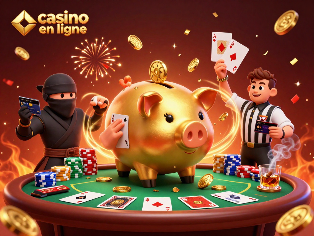Jouez au casino en ligne avec une scène dynamique de personnages de jeu entourés de jetons et de cartes.