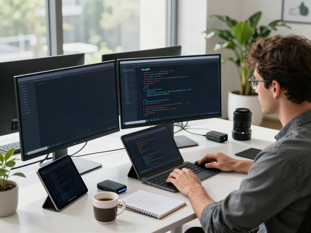 Developer configuring v2rayN network setup in a modern workspace with multiple screens.