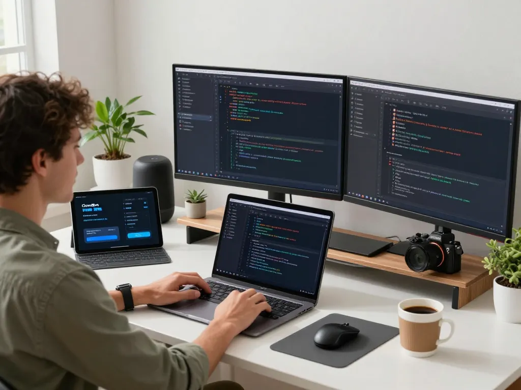 Individual using clawdbot ai on a laptop in a modern workspace with dual monitors and tech gadgets.