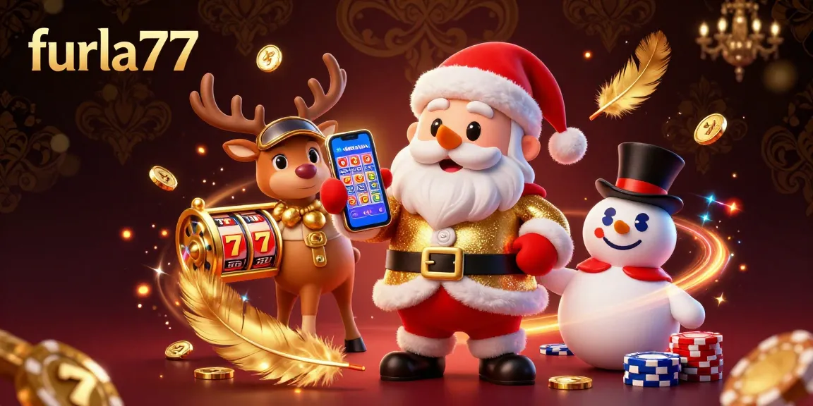 Play with furla77 and win massive jackpots while spinning vibrant slot reels in a festive casino scene.