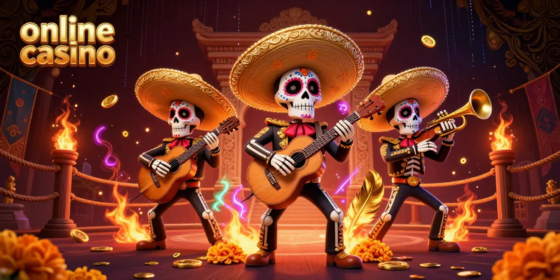Experience the thrill of online casino with vibrant skeleton mariachi band and dynamic elements.