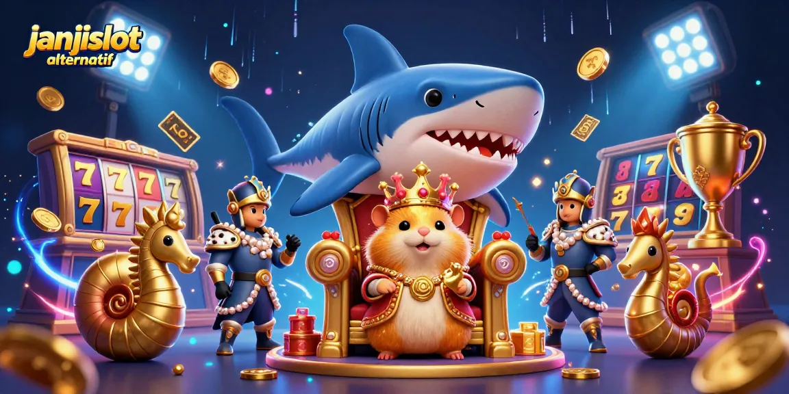 Engage in fun with janjislot alternatif, featuring a vibrant hamster king amid a lively casino scene.