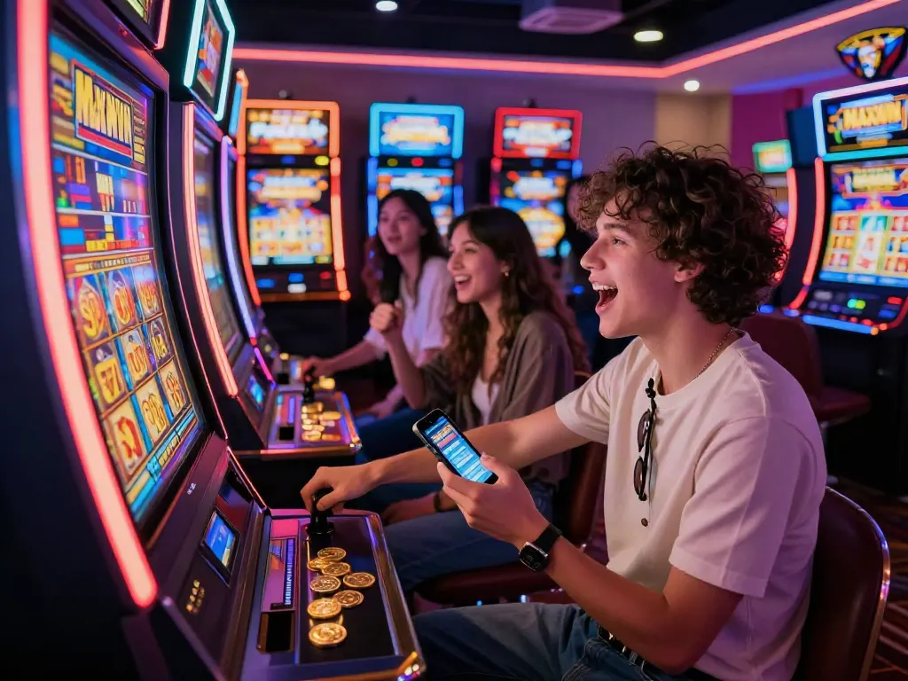 Excited player engaging with a slot maxwin machine in a vibrant casino.