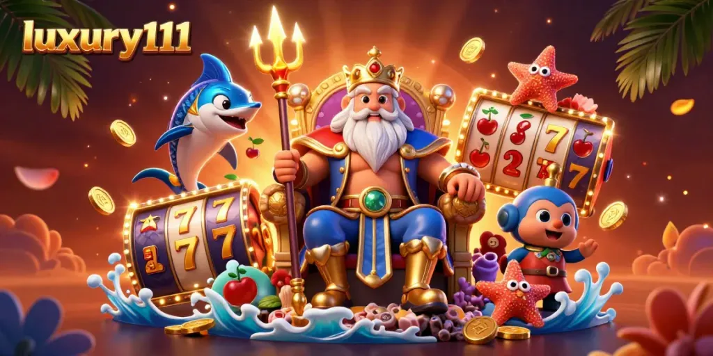 Menangkan permainan slot di luxury111 dengan raja laut dan slot berkilauan di sekitarnya.
