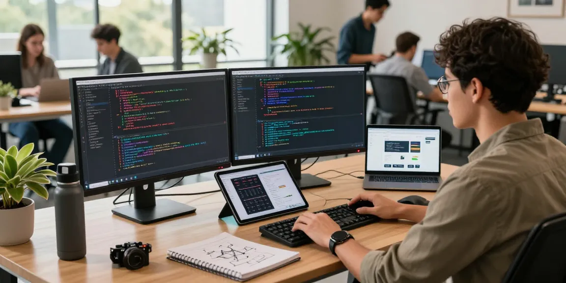 Innovative software development scene with cika4d coding environment, colorful interfaces, and modern workspace.