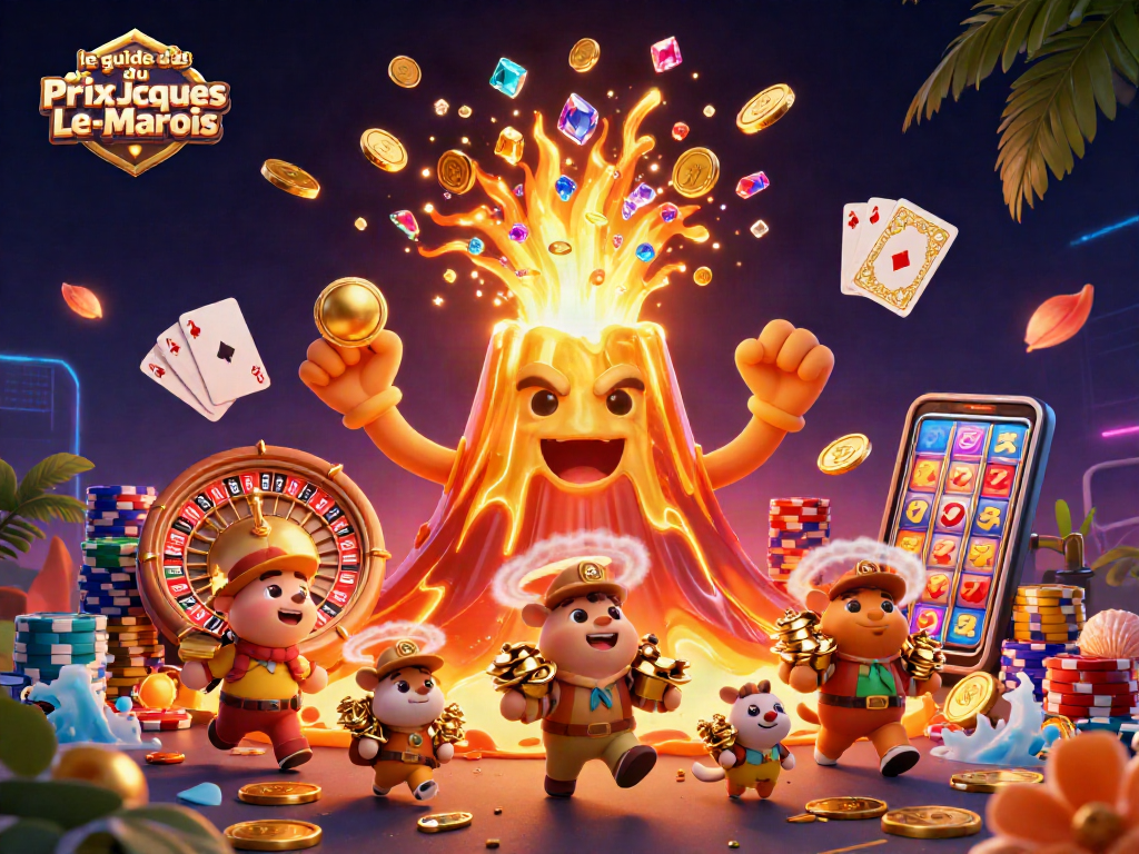 Engage with le guide des paris du Prix Jacques-Le-Marois, showcasing an erupting golden volcano amid treasure in a vibrant casino setting.