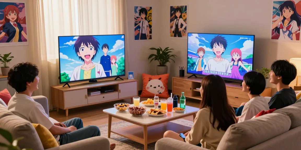 Experience the joy of anime with friends while streaming at https://animehay.zip/ in a cozy living room setting.