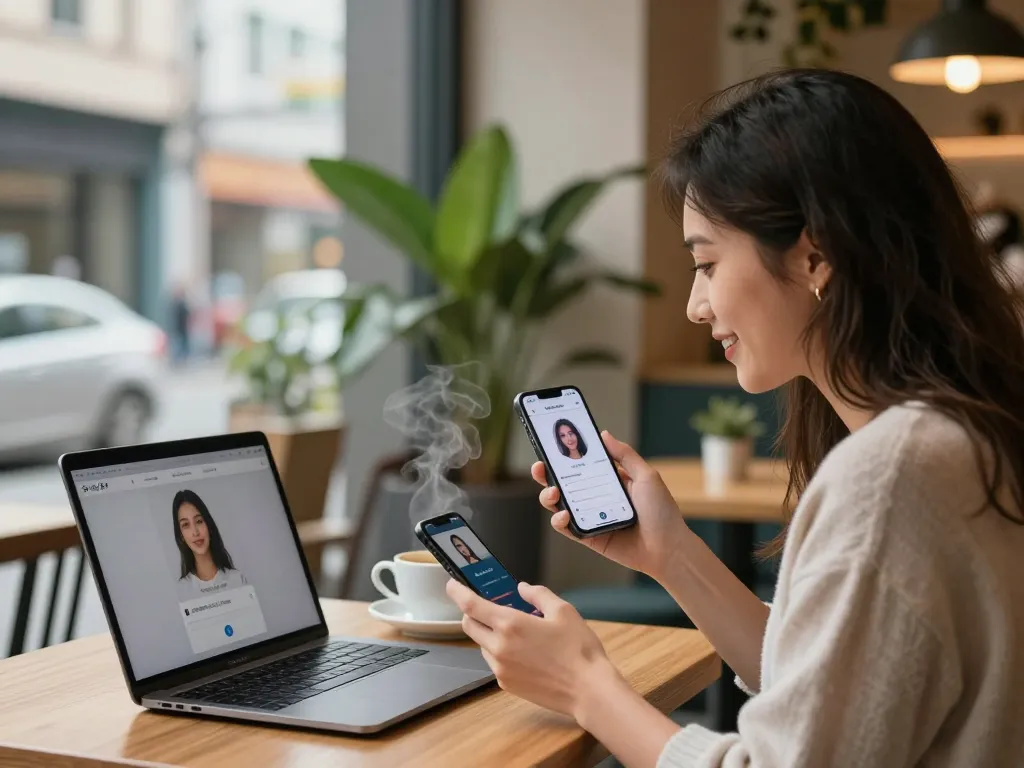 Young couple using dating apps in café, exploring ai sex technology.