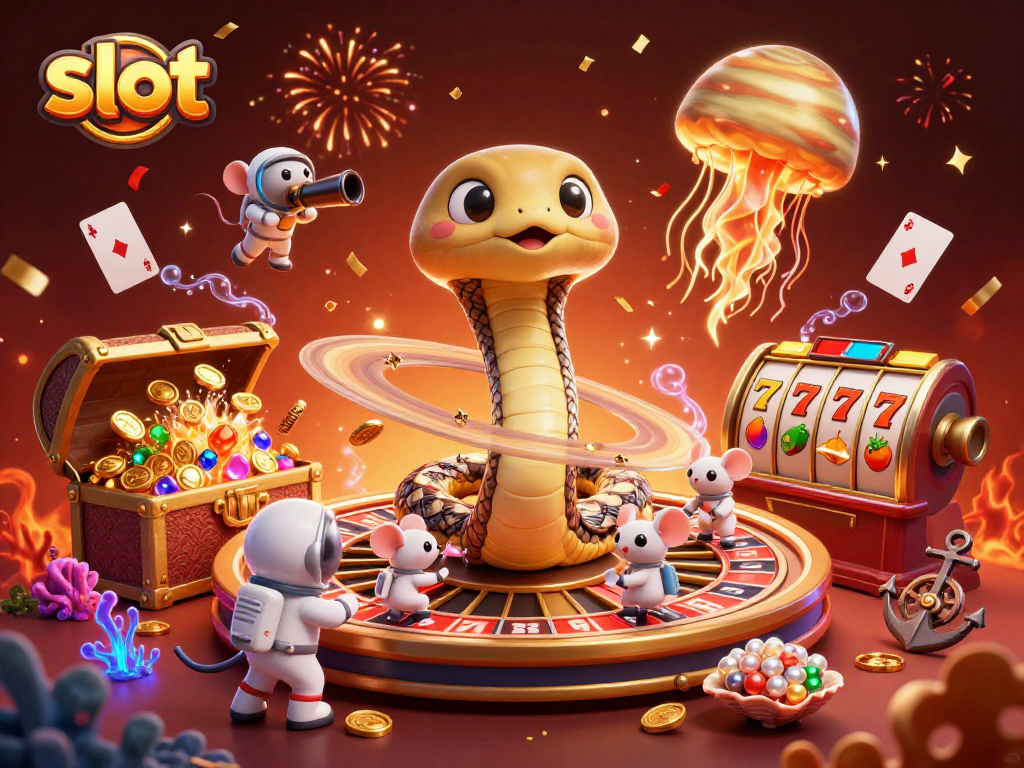 Engage in thrilling slot action with a vibrant 3D casino scene featuring a Saturn ring snake and cosmic dealer.