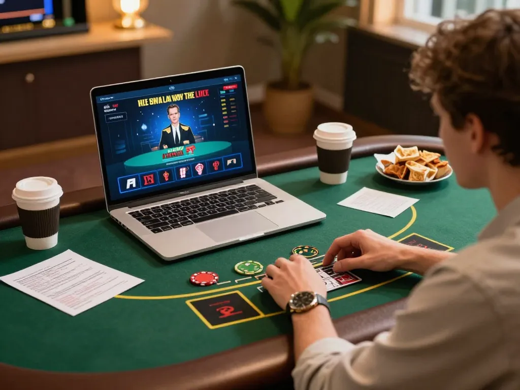 Player engaging on 98win com with live blackjack setup at home, showcasing strategic preparations.
