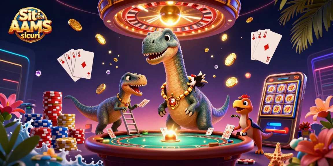 Siti non AAMS sicuri: brontosauro gigante interagisce con un raptor in un casinò, mentre monete d'oro volano in aria.