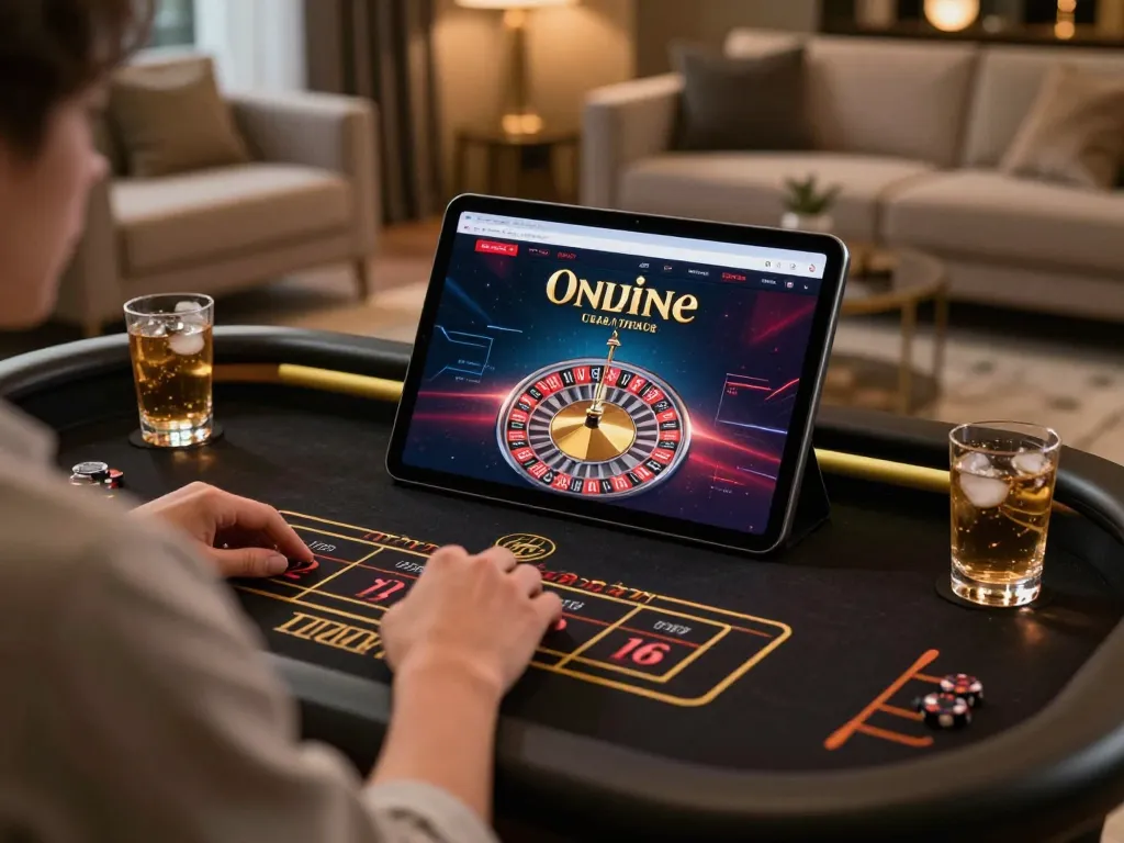 onbet player participating in live dealer roulette game on tablet in stylish home setting