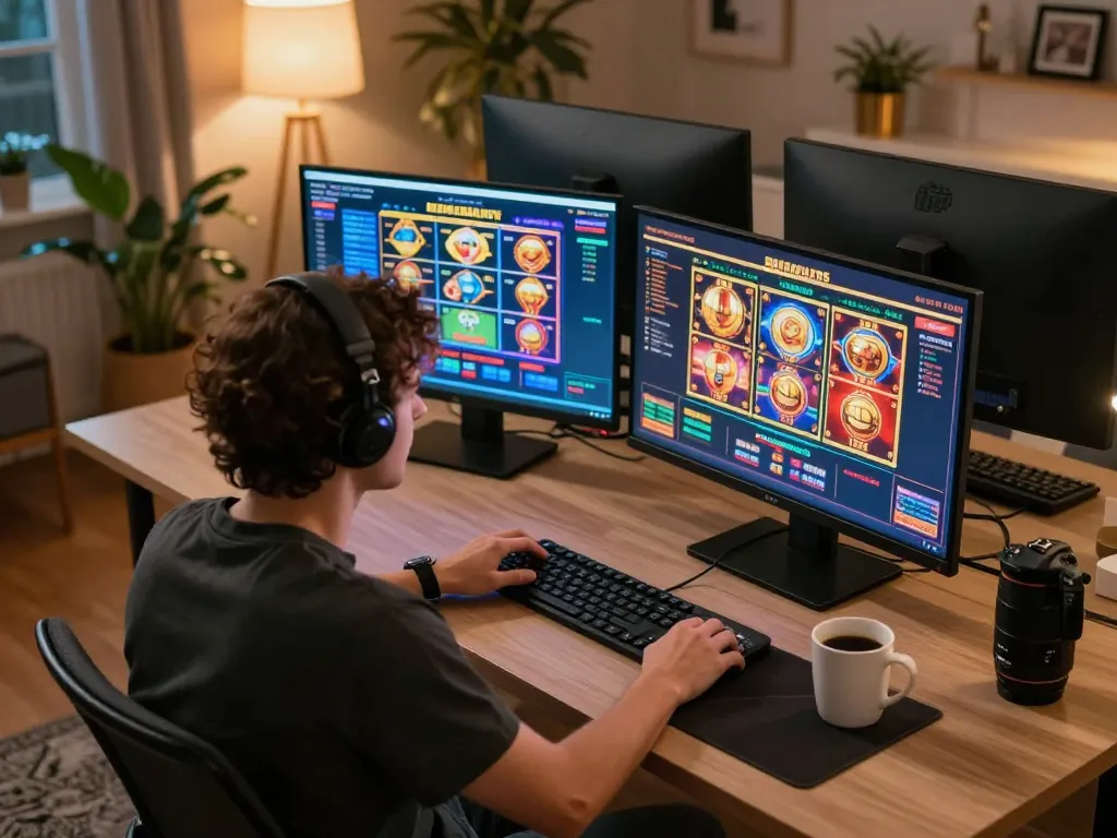 Engaging online gaming experience at home with 3win setup showcasing live dealer and slot games