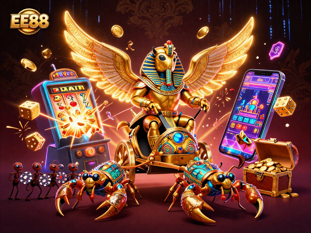 Experience thrilling casino adventures with EE88 featuring cartoon scarabs and lively jackpots.