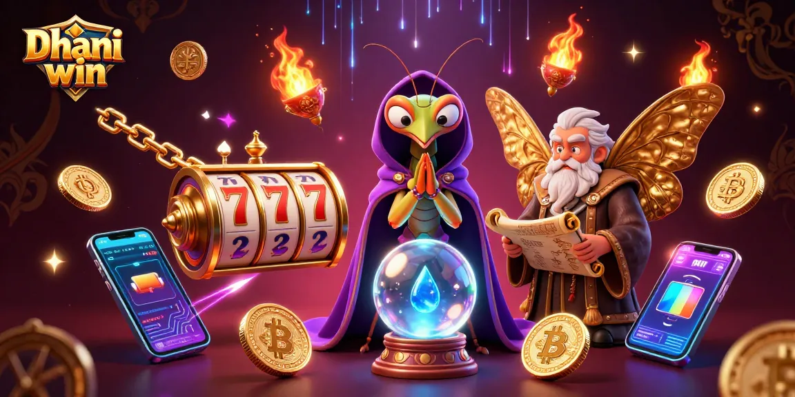 Dhani win players spinning slots while engaging with a vibrant 3D fantasy scene filled with mystical characters and crypto elements.