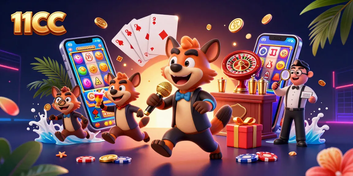 Experience the excitement at 11CC with hyenas in a vibrant casino scene filled with slots and gaming elements.