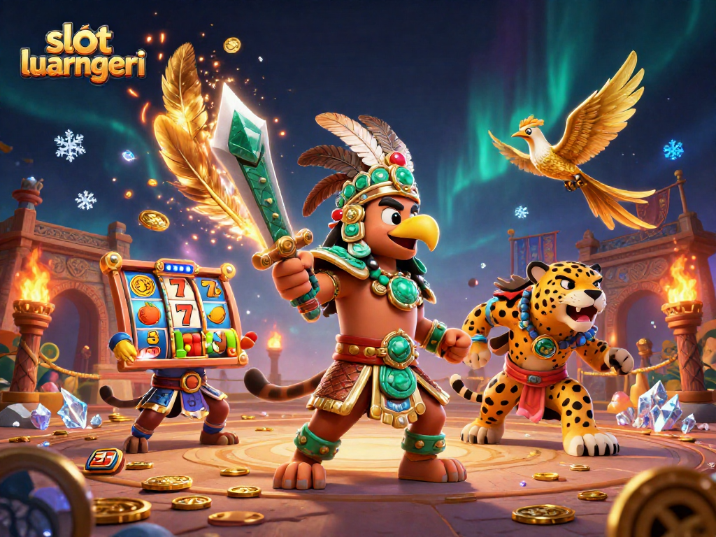 Spin the reels of slot luar negeri with Aztec warriors amidst a vibrant, gambling adventure illustration.