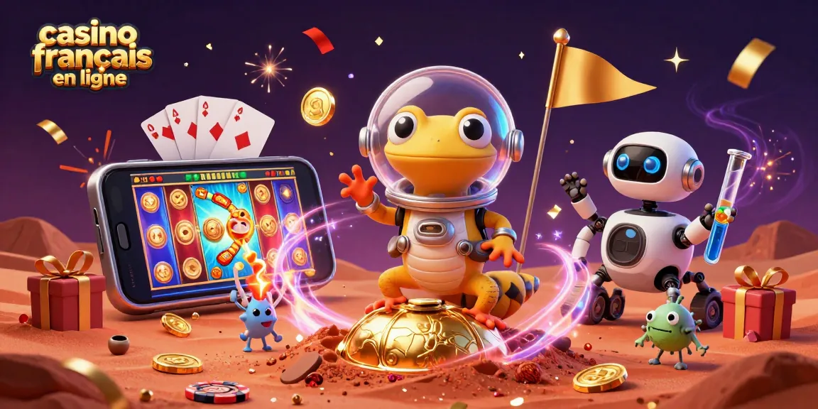 Jouez à casino français en ligne avec une illustration festive de personnages d'aliens et de jeux de casino.
