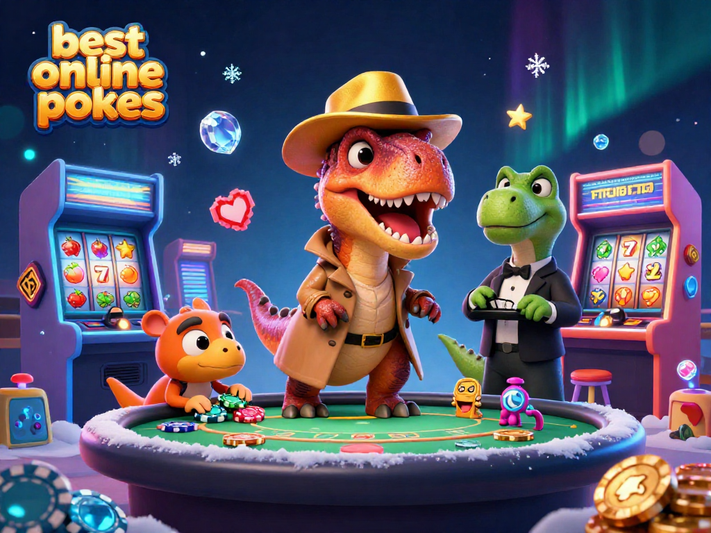 Experience the best online pokies with a playful velociraptor at a blackjack table, surrounded by exciting casino elements.