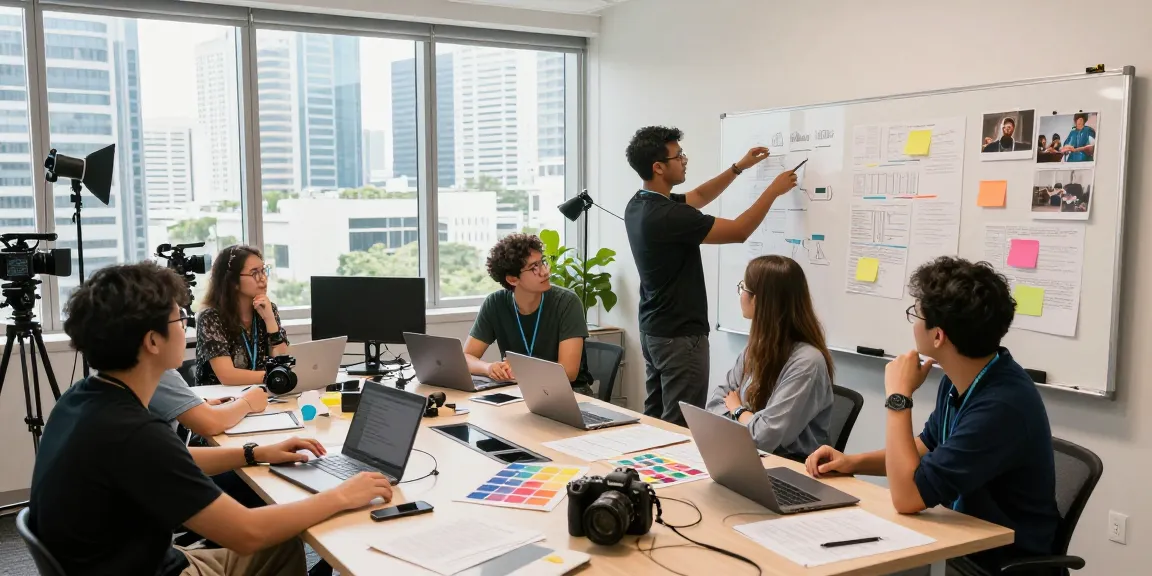 Dreambox Studio Singapore team collaborating on creative video production project in vibrant workspace