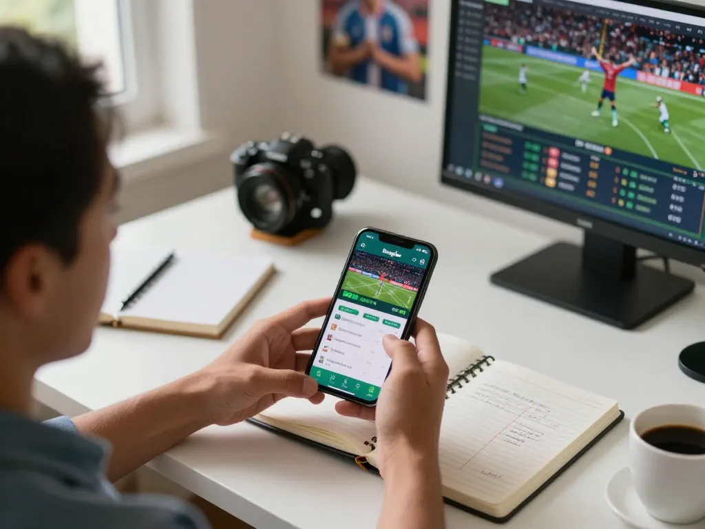 Bongdalu betting app showcased on a smartphone in an engaging home office setup, highlighting real-time sports betting excitement.