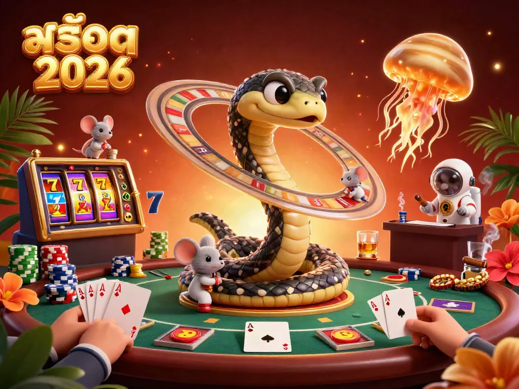 Engage with สล็อต 2026 through a lively 3D cosmic casino scene featuring interactive characters and dynamic gaming elements.