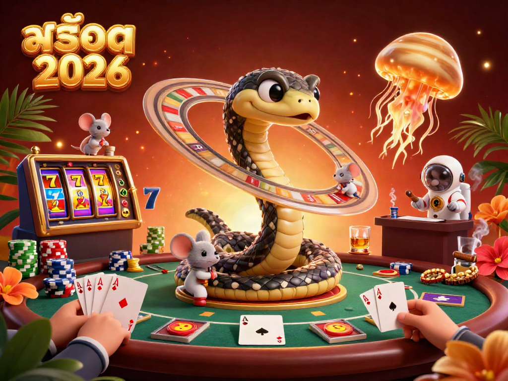 Engage with สล็อต 2026 through a lively 3D cosmic casino scene featuring interactive characters and dynamic gaming elements.