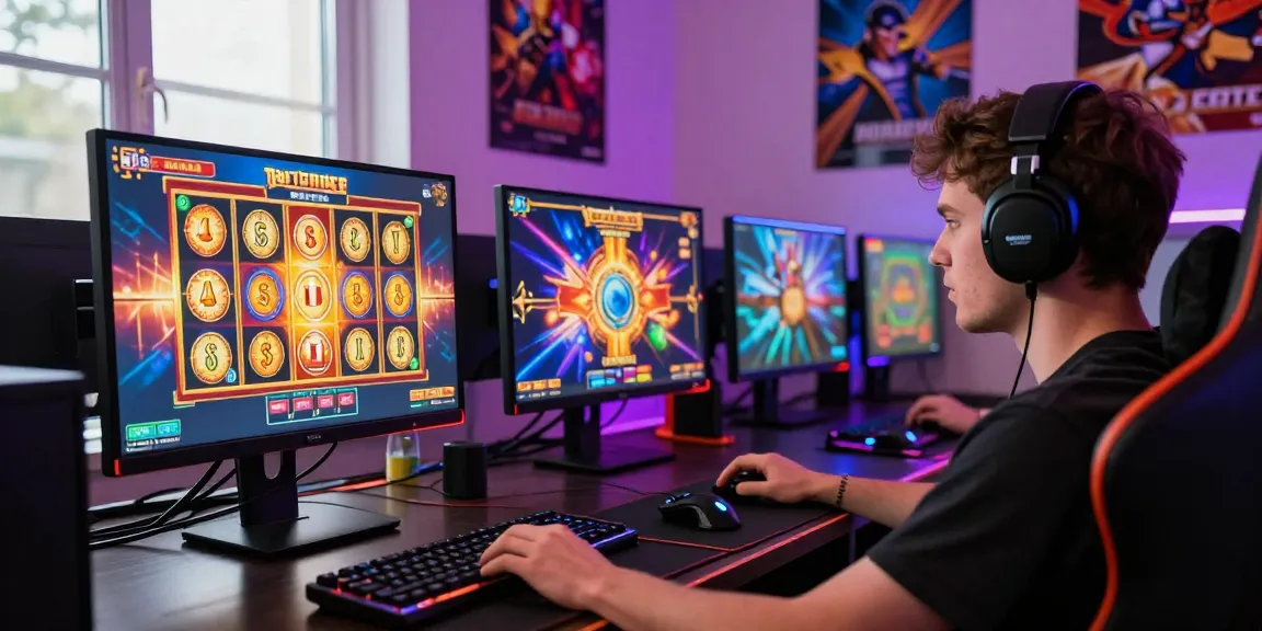 Engaging slot gaming setup emphasizing slot depo 1000 features, showcasing vibrant screens and player excitement.