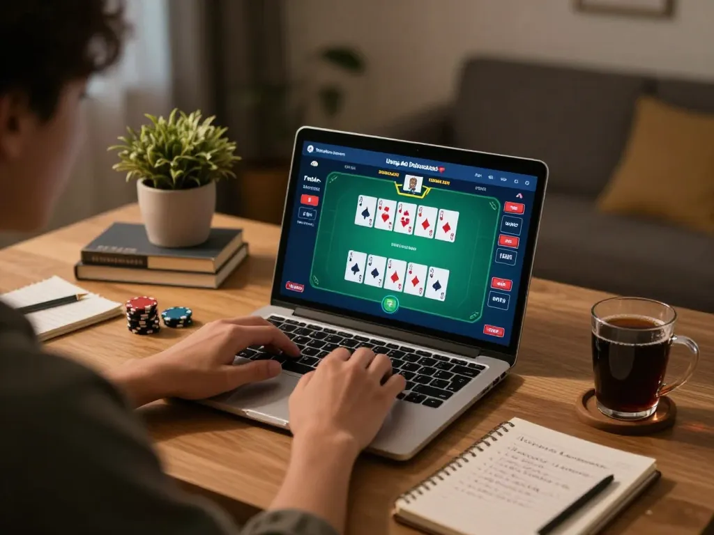 Playing Poker Uang Asli Dominobet online from home, showcasing gameplay on laptop with strategic notes nearby.