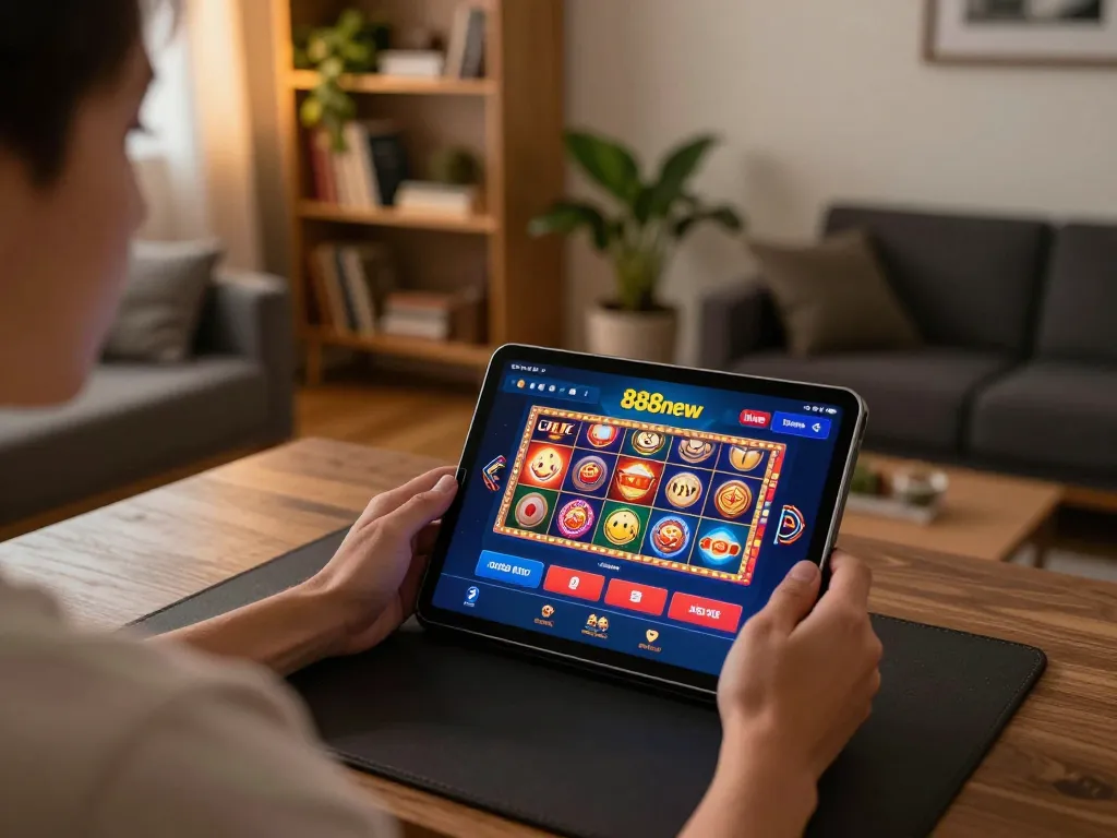 Player engaging with casino games on 888new platform using tablet, showcasing online gambling experience