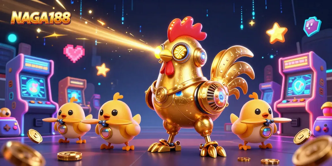 NAGA188 menampilkan robot ayam emas futuristik dengan latar permainan kasino yang berwarna-warni.