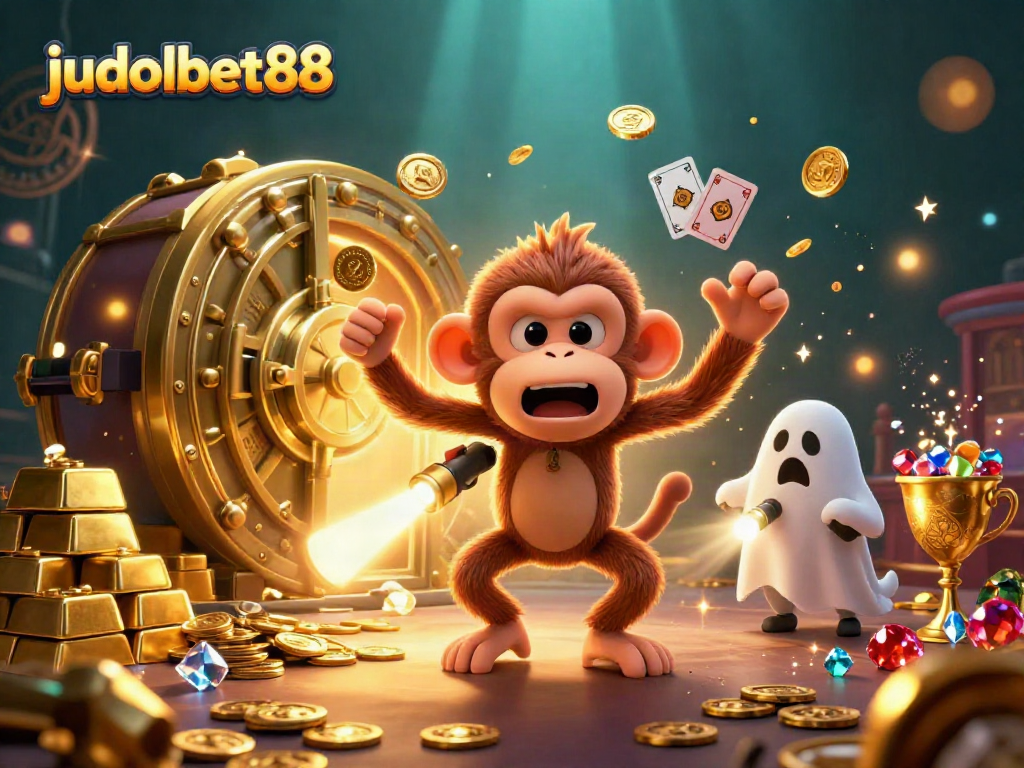 Enjoy thrilling wins with judolbet88 while navigating a mysterious haunted casino in this dynamic illustration.