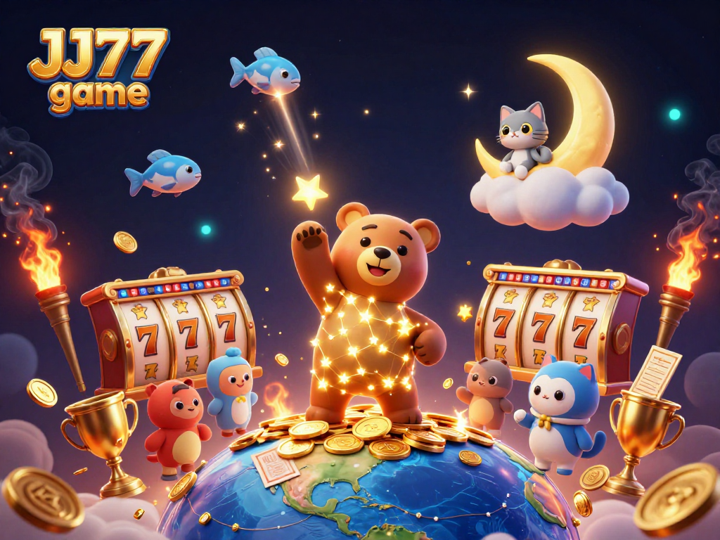 Engage with the JJ77 game through vibrant 3D illustration showcasing casino joy with characters and elements