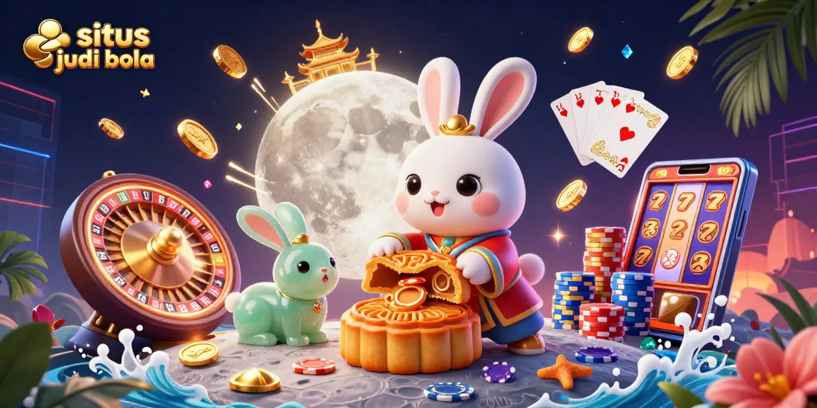 Sit and bet on the situs judi bola while enjoying a vibrant 3D illustration of a moon rabbit surrounded by casino elements.