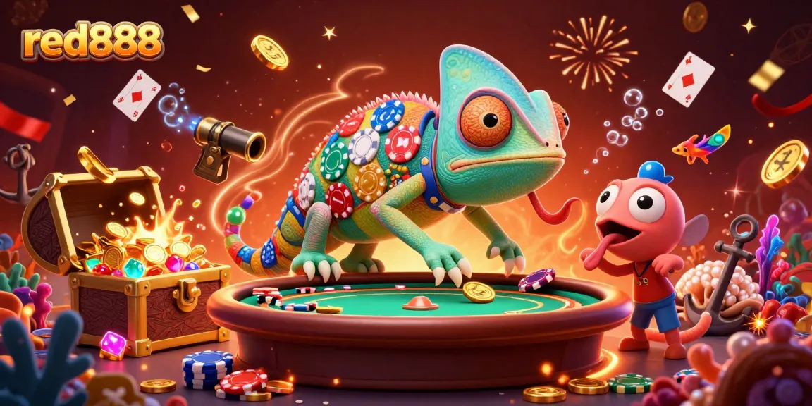 Join the excitement at red888 with a dynamic casino scene showcasing a chameleon owner and vibrant treasures.