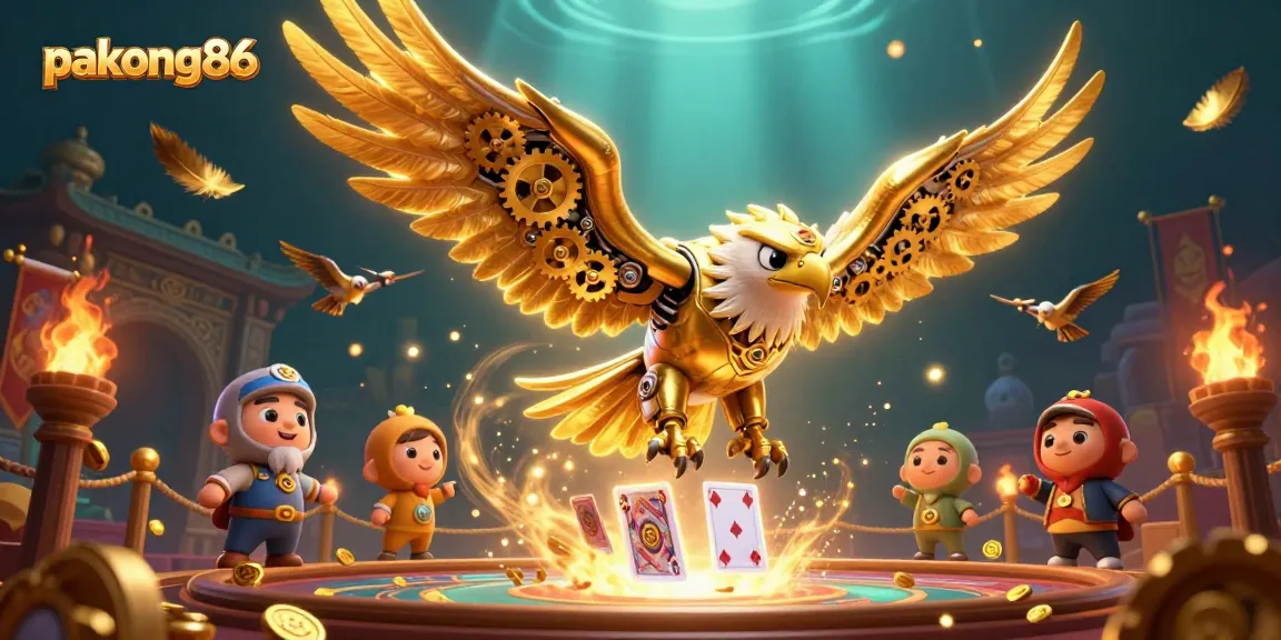 pakong86 showcases a 3D cybernetic golden eagle diving through cards in a vibrant casino arena.